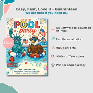 May include: A digital invitation template for a 4th of July pool party featuring the Statue of Liberty and a bald eagle in sunglasses floating on inner tubes. The text includes JOIN US FOR POOL PARTY, 4 JULY 04:00PM, and placeholder address details.