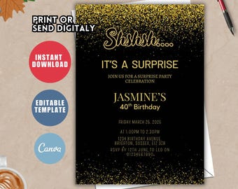 Surprise Birthday Invitation, Black and Gold Glitter, Adult Party (Editable Template)