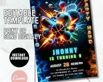 Neon Sports Birthday Invitation, All Star Theme (Instant Download)