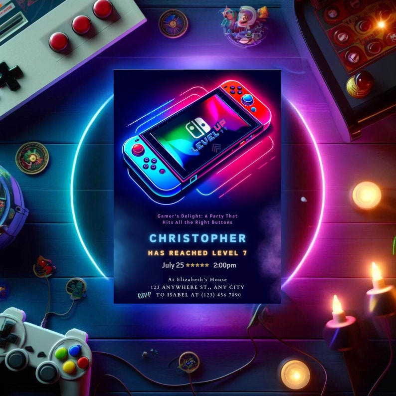 Elevate your kid birthday celebration with our Editable Video Game Party Invitation. This Level Up Birthday Invite is perfect for a gamer boy party and features a Nintendo Switch design. Customize and download instantly for a fun invitation.