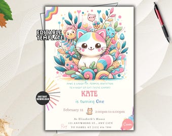Pink Kitten Birthday Invitation, Kitty Cat Meow Party Invite, Editable Girls Template