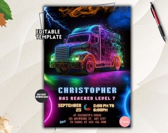 Invito di compleanno a tema camion dei videogiochi al neon, festa a tema videogiochi con modello modificabile per bambini
