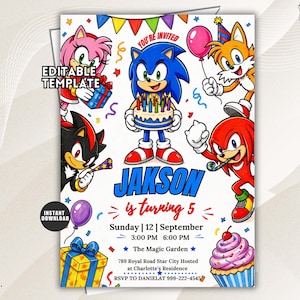 May include: A birthday invitation template featuring Sonic the Hedgehog characters including Amy, Tails, Shadow, and Knuckles. The text reads: YOU'RE INVITED, JAKSON is turning 5, Sunday | 12 | September, 3:00 PM 6:00 PM, The Magic Garden, 789 Royal Road Star City.
