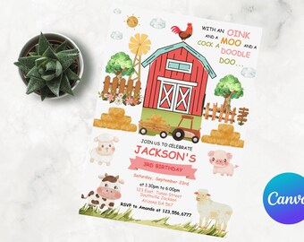 Farm Animals Birthday Invitation, Barnyard Party (Digital Download)