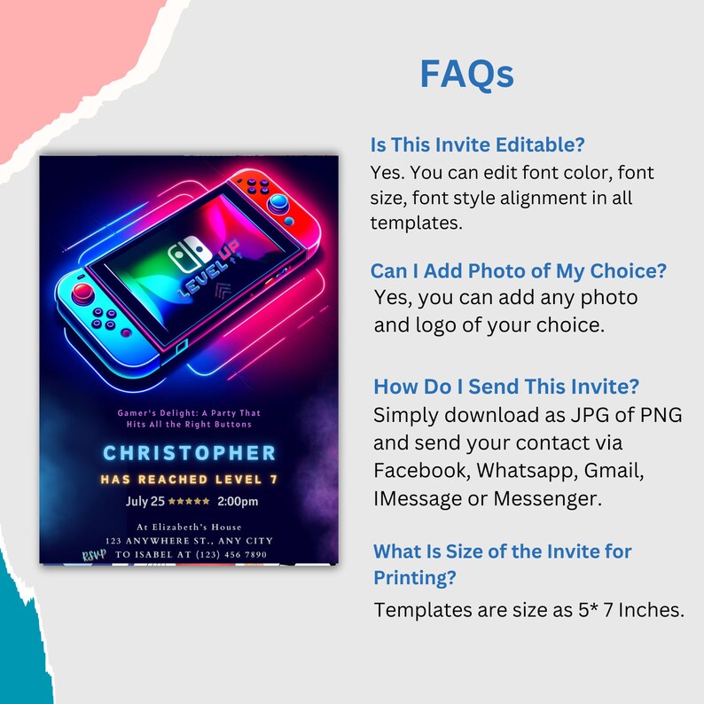 Make your gamer boys birthday extra special with our Editable Video Game Party Invitation. Perfect for a Level Up Birthday celebration, this invite features a fun Nintendo Switch design and is instantly downloadable.