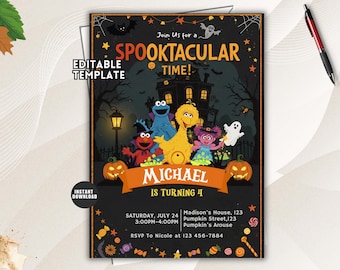 Sesame Street Halloween Invitation, Elmo Spooktacular Birthday Party (Editable Template)