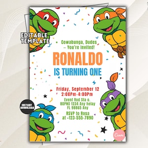 Ninja Turtle Birthday Invitation, Hero Mask Pizza Party Editable Kids Action Template