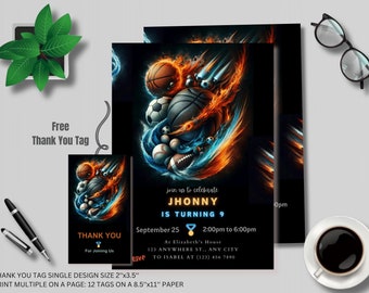 May include: A sports-themed birthday invitation with a black background and a fiery orange and blue design. The invitation features a basketball, baseball, soccer ball, and other sports equipment. The text on the invitation reads "Join us to celebrate Jhonny is turning 9" with the date, time, and location of the party.