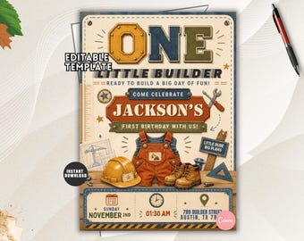 Little Builder Birthday Invite: Editable Construction Party Invitation Template (Digital Download)