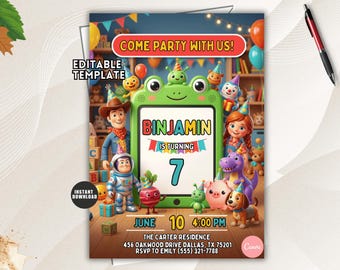 Toy Birthday Invitation, Kids Adventure Party Invite, Editable Canva Template