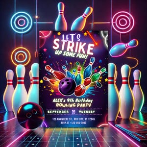 Pode incluir: Um convite para uma festa de bowling em cores neon com uma bola de bowling e pinos, texto que diz "Let's Strike Up Some Fun!" e detalhes para a festa de bowling do 9º aniversário de Alex.