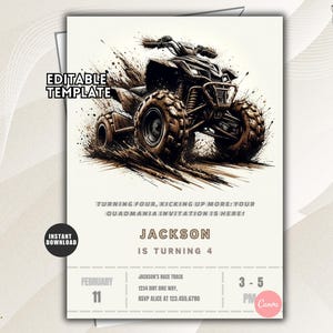 May include: An editable invitation template featuring a black ATV kicking up mud. Text reads: EDITABLE TEMPLATE, TURNING FOUR, KICKING UP MORE: YOUR QUADMANIA INVITATION IS HERE!, JACKSON IS TURNING 4, FEBRUARY 11, JACKSON'S RACE TRACK, 1234 DIRT BIKE WAY, 3-5 PM, RSVP ALICE AT 123.455.6780.