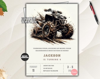 Puede incluir: Una plantilla de invitación editable con un quad negro levantando barro. El texto dice: EDITABLE TEMPLATE, TURNING FOUR, KICKING UP MORE: YOUR QUADMANIA INVITATION IS HERE!, JACKSON IS TURNING 4, FEBRUARY 11, JACKSON'S RACE TRACK, 1234 DIRT BIKE WAY, 3-5 PM, RSVP ALICE AT 123.455.6780.