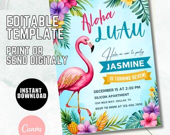 Aloha Luau Birthday Invitation Template, Tropical Party (Editable Canva Template)