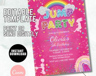 Invitación de cumpleaños con trampolín, fiesta de saltos, plantilla editable (descarga digital)