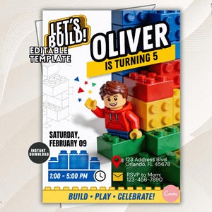 Puede incluir: Una plantilla de invitación de cumpleaños con una figura de juguete de plástico con sudadera roja sobre bloques de construcción coloridos. El texto dice Let's Build, Oliver is turning 5, Saturday, February 09, 1:00 - 5:00 PM, 123 Address Blvd, RSVP to Mom.