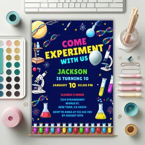 May include: A blue and yellow birthday invitation with a science theme. The invitation says "Come Experiment With Us" and "Jackson is turning 10". The invitation has a cartoon illustration of a microscope, test tubes, and a DNA strand.