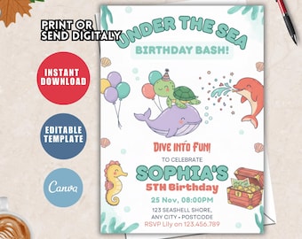 Faire-part d'anniversaire sous la mer, fête des animaux de l'océan (modèle modifiable)