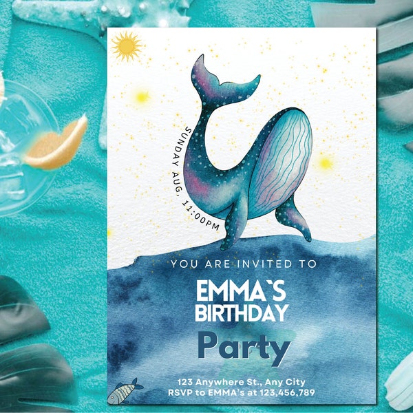 Blue Whale Birthday Invitation Card Under The Sea Party Invite Kids, Printable Watercolor Under the Sea Invitation Editable Instant Download