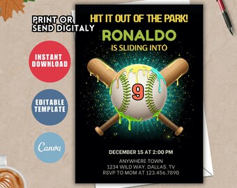Baseball Ice Cream Drip Birthday Invitation, Editable Neon Party (Digital Download)