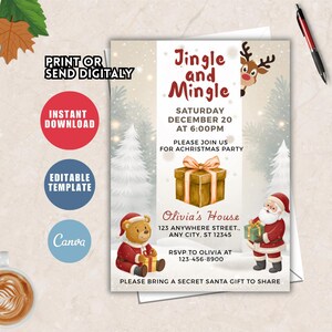 Peut inclure: Une invitation à une fête de Noël avec le texte "Jingle and Mingle". Le design comprend des illustrations d'un renne, du Père Noël, d'un ours en peluche et d'un cadeau. L'invitation comprend également le texte "Téléchargement instantané" et "Modèle modifiable".