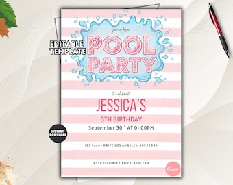 Pool Party Birthday Invitation, Summer Swim Party Invite, Coquette Teen Girl Birthday Canva Template