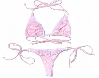 Pink and White Ruffle Lace Trim Bikini Set
