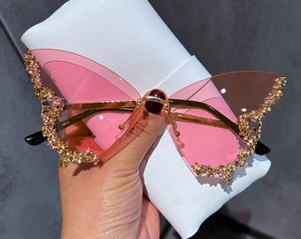 Butterfly Shaped Sunglasses | Rhinestone Trimmed | Oversized Glasses | Celebrity Inspired |  Kim Kardashian | Kylie Jenner Sunglasses