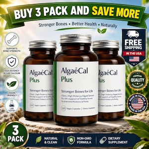 May include: Three amber glass bottles of AlgaeCal Plus dietary supplement, each with a white label stating 120 vegan capsules, Stronger Bones for Life, and clean, high potency AlgaeCalcium for the support of healthy bones, guaranteed potency & purity.
