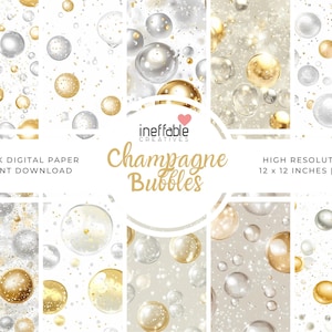 May include: Ten digital paper designs featuring champagne bubbles in gold and silver on a white background. The papers are 12 inches by 12 inches and are high resolution JPG files.
