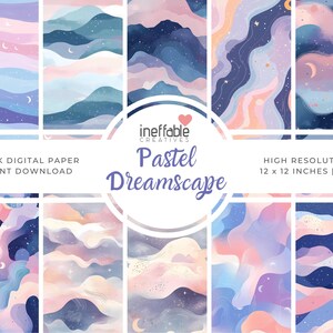 May include: A collection of ten digital papers with a pastel dreamscape design. Each paper features abstract watercolor patterns in shades of pink, blue, and purple, with moons and stars. The papers are 12 x 12 inches in size.