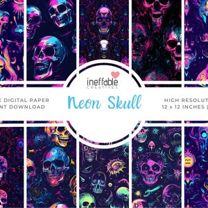 Neon Skull Themed Patterns | Digital Paper Scrapbook Patterns, Pattern Paper, Seamless Patterns, Background Patterns