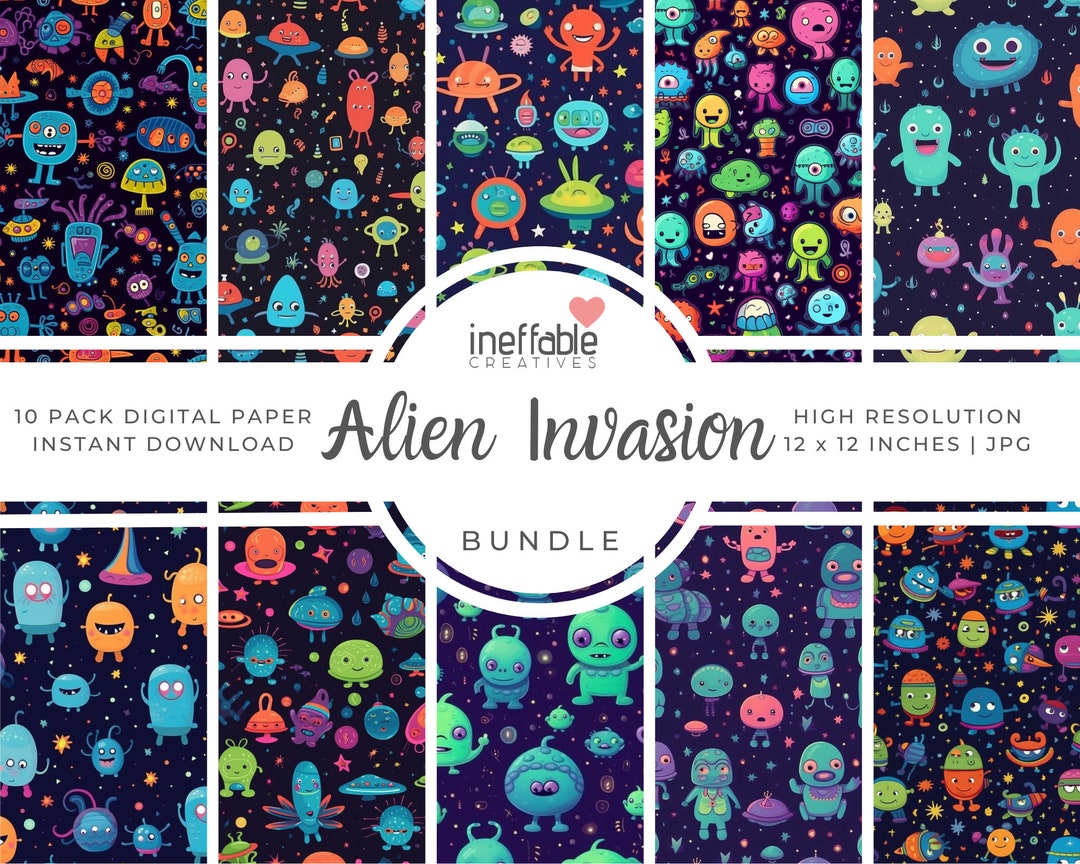 10 Seamless Alien Invasion Themed Patterns | Digital Paper, Scrapbook ...