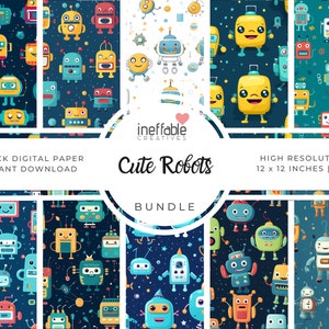 Pode incluir: Um pacote de papel digital com 10 desenhos de robôs fofinhos. Cada desenho é um padrão sem emendas com um fundo azul escuro e robôs coloridos. Os desenhos medem 12 polegadas por 12 polegadas e são arquivos JPG de alta resolução.