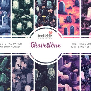May include: A digital paper pack with 10 different patterns featuring a graveyard theme. The patterns are in shades of purple, blue, and pink with white tombstones and crosses. The text "Gravestone" is in a white circle with a pink heart.