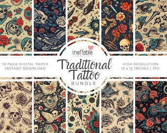 10 Seamless Traditional Tattoo Themed Patterns | Digital Paper Scrapbook Patterns, Pattern Paper, Seamless Patterns, Background Patterns