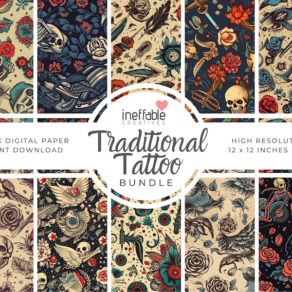 10 Seamless Traditional Tattoo Themed Patterns | Digital Paper Scrapbook Patterns, Pattern Paper, Seamless Patterns, Background Patterns