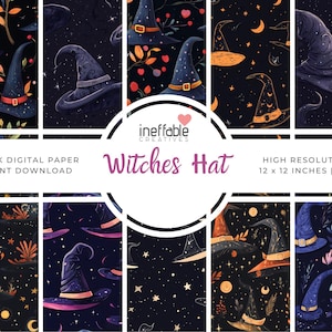 May include: Digital paper pack featuring various witch hat designs in a dark, celestial theme. The artwork includes illustrations of witch hats with orange, red, and gold accents against a starry night sky. The text reads "Witches Hat" and "12 x 12 inches | JPG".