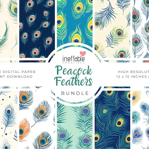 Peacock Feathers Themed Patterns | Digital Paper Scrapbook Patterns, Pattern Paper, Seamless Patterns, Background Patterns