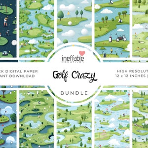Puede incluir: Un paquete de papel digital con 10 diseños diferentes con temática de campo de golf. Los diseños incluyen hierba verde, agua azul, pelotas de golf, palos de golf y golfistas. El texto "Golf Crazy Bundle" está en el centro de la imagen.