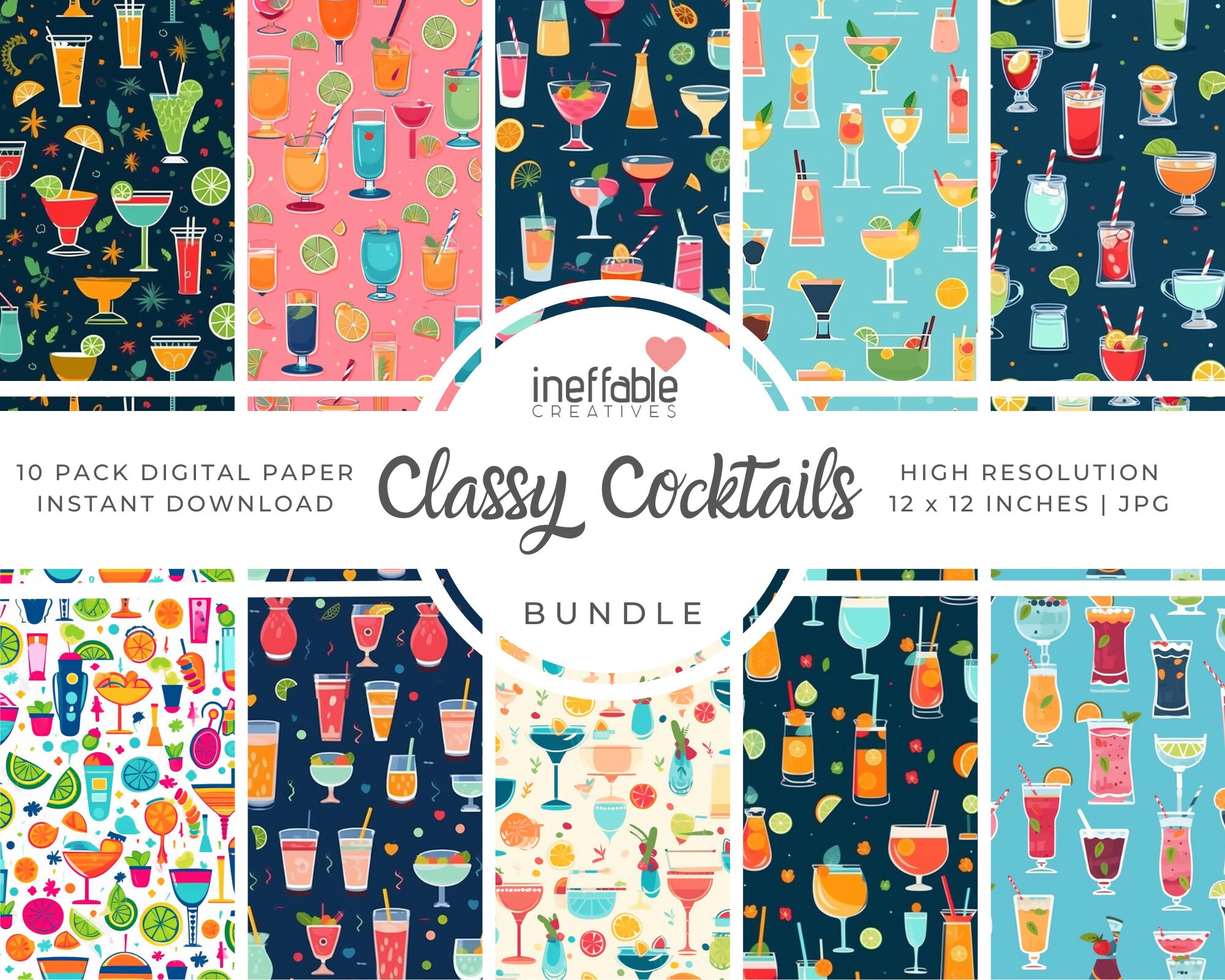 10 Seamless Cocktails Pattern | Themed Patterns | Digital Paper Scrapbook Patterns, Pattern Paper, Seamless Patterns, Background Pattern