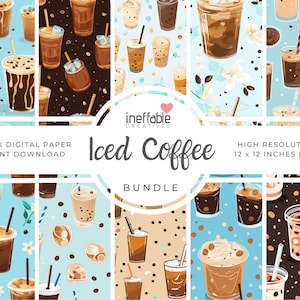 May include: A digital paper pack with 10 different patterns featuring iced coffee illustrations. The patterns include various designs with coffee cups, coffee beans, ice cubes, and other elements. The patterns are in a high resolution of 12 x 12 inches and are in JPG format.
