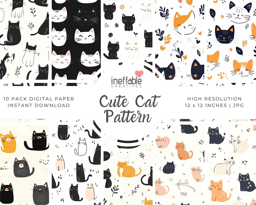 Cute Cat Themed Patterns | Digital Paper Scrapbook Patterns, Pattern ...