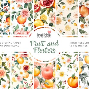 Fruit and Flowers Themed Patterns | Digital Paper Scrapbook Patterns, Pattern Paper, Seamless Patterns, Background Patterns