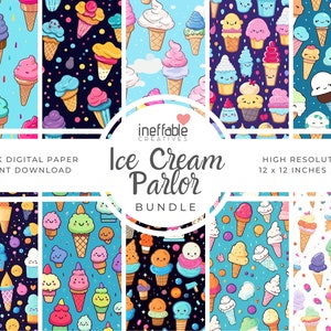 以下が含まれることがあります： さまざまな色とデザインのかわいい漫画のアイスクリームコーンを特徴とする、10種類の異なるパターンを含むデジタルペーパーパック。パターンは青、黒、または白の背景です。テキスト「Ice Cream Parlor Bundle」は画像の中央にあります。