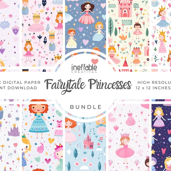 10 Seamless Fairytale Princess Themed Patterns | Digital Paper, Scrapbook Patterns, Pattern Paper, Seamless Patterns, Digital Background