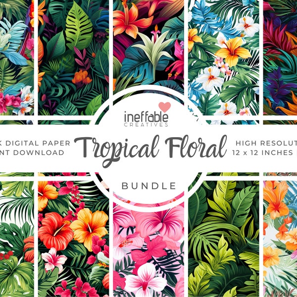10 Seamless Tropical Floral Themed Patterns | Digital Paper Scrapbook Patterns, Pattern Paper, Seamless Patterns, Background Patterns