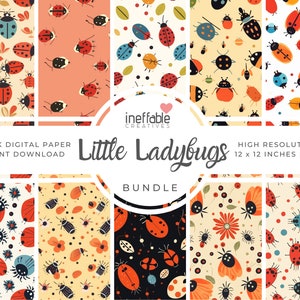 Puede incluir: Un paquete de papel digital con 10 patrones diferentes de mariquitas en varios colores y diseños. Los patrones son de 30,48 cm por 30,48 cm y son archivos JPG de alta resolución. El texto "Little Ladybugs Bundle" se muestra en el centro de la imagen.