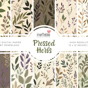 Pressed Herbs Themed Patterns | Digital Paper Scrapbook Patterns, Pattern Paper, Seamless Patterns, Background Patterns