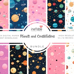 May include: A digital paper pack featuring 10 different patterns of planets and constellations. The patterns are in a variety of colors, including pink, blue, yellow, and orange. The patterns are set against a black, white, or pink background. The text "Planets and Constellations" is in a white circle with a pink heart in the top left corner. The text "10 Pack Digital Paper Instant Download" is in the bottom left corner. The text "High Resolution 12 x 12 inches | JPG" is in the bottom right corner. The text "Bundle" is in the center of the image.